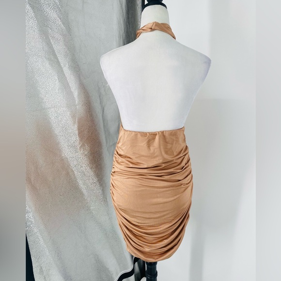 Nude Sleeveless Halter Neck Backless Open Back Cutout Ruched Bodycon Mini Dress - Picture 15 of 17